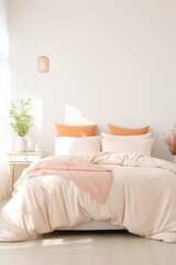 Fototapeta na wymiar Beautiful cozy white modern bedroom interior with peach decor. Generative AI