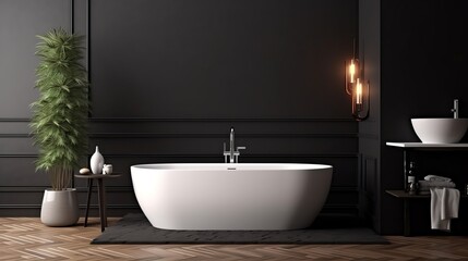 Obraz na płótnie Canvas Modern bathroom interior with white bathtub and chic vanity, black walls, parquet floor