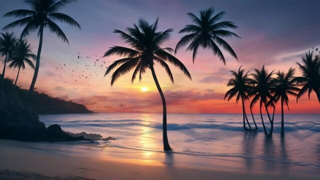 beautiful beach landscape with palm trees animation, seamless looping video background animation, cartoon style