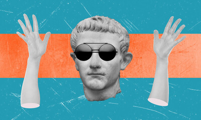 Head of the antique statue in black sunglasses with a hand gesture on blue background.