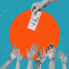 Modern art collage. A human hand reaches out money on a blue background to other hands as a...