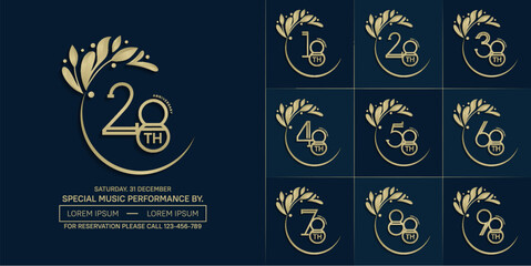 set of anniversary logotype golden color with swoosh and ornament for special celebration event