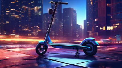 Electric scooter with charging station on a background of cityscape generative ai