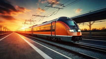 High speed orange train in motion on the railway station at sunset. Modern intercity passenger train with motion blur effect on the railway platform. Industrial. Railroad in Europe. generative ai - obrazy, fototapety, plakaty