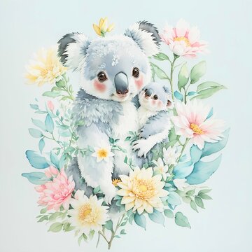 Mom And Cute Baby Koala Hugging Among Pastel Flowers, Illustration Animals Painted With Watercolors, For Decoration Greeting Cards, Invitations, Prints, Textile Or Wall Art