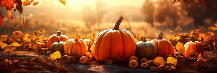 Panoramic View Of Halloween And Thanksgiving Pumpkins Illuminated By The Sun Amidst Falling Leaves And Bright Autumn Colors - Generative AI