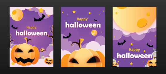Halloween poster and pumpkins in paper cut style. vector illustration Full moon and bats. Happy Halloween.