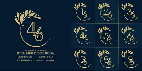 set of anniversary logotype golden color with swoosh and ornament for special celebration event