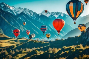 colorful beautiful many hot air balloon flies over the lake  and mountains 
Created using generative AI tools