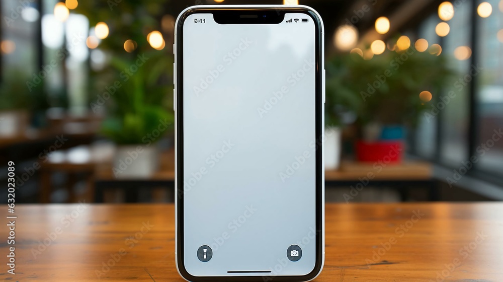 Poster a mockup of a mobile phone smartphone touch screen with a blank white screen stands on a table again