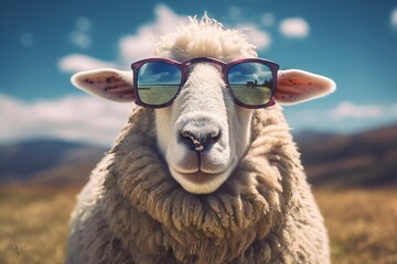 Unny sheep wearing sunglasses. ai generated.