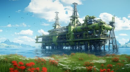 Obraz premium Oil platform in the sea overgrown with green plants and wind turbines in the background 