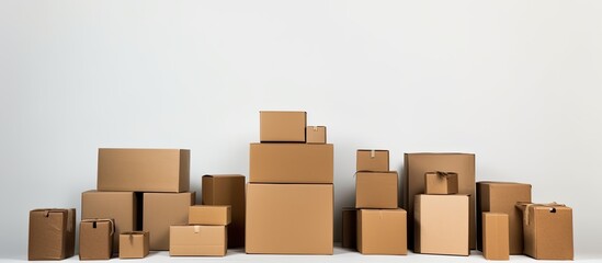 Fototapeta premium Cardboard boxes showcased against a white backdrop. Eco-friendly paper products in focus with plenty of space for text. Craft containers ideal for packaging and storing various items.