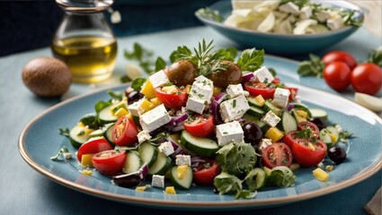 Greek salad of fresh cucumber, tomato, sweet pepper, lettuce, red onion, feta cheese and olives with olive oil.