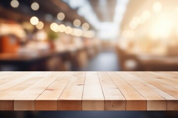 Wooden table top on blurred supermarket background
