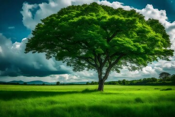 Fototapeta premium green tree on a field under the clouds Created using generative AI tools