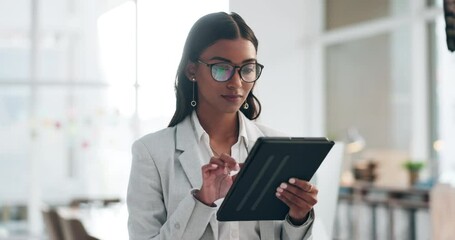 Search, tablet and online with business woman in office for communicate, networking and email. Planning, schedule and technology with female employee in agency for internet, digital and website