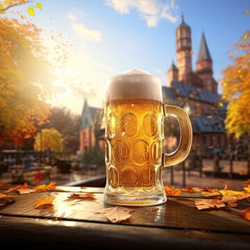 A glass of light beer, on the bar counter. Oktober fest.