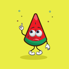 Cute watermelon fruit character is scared pointing up