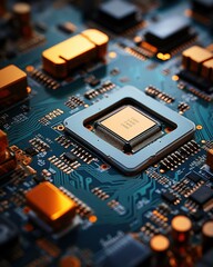 Obraz premium A macro photograph capturing the intricate details of a cutting-edge microprocessor, highlighting its miniaturized components and circuitry that power the digital world