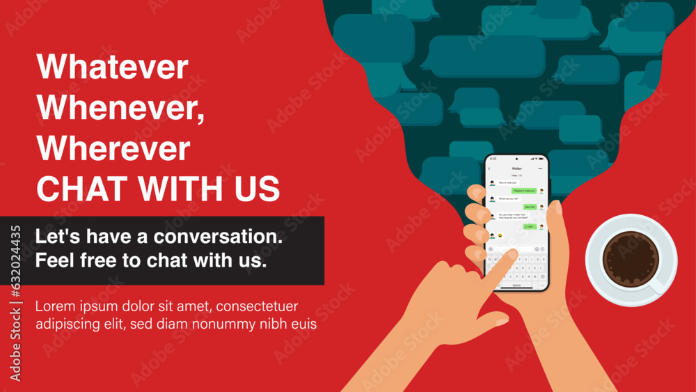 Poster hand holds the smartphone with messenger application. instant communication with smartphone chat, sm