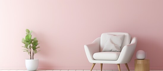 A white, comfortable armchair is featured in a living room with pastel pink walls, providing copy space. The interior has a minimalistic design.