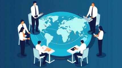 Global trade, investing. Business  illustration. Team discussion around a round table with a map of the Earth, Generative AI