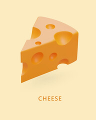 Triangular piece of hard cheese. Swiss cheese with holes. Natural dairy product. Ecological farming ingredient. Lactose ingredient. Vertical sign template