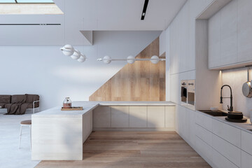 Modern white and wooden spacious kitchen interior with two floors, ceiling window with city view,...