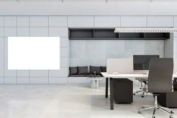 Modern coworking office interior with empty white mock up banner, furniture and equipment. 3D Rendering.