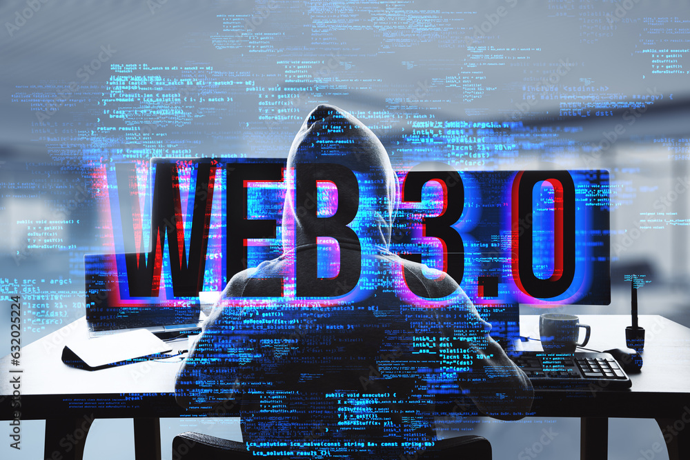 Aufkleber Back view of hacker at desktop using laptop with creative glowing web 3.0 hologram on blurry background. Metaverse and digital network concept. Double exposure.