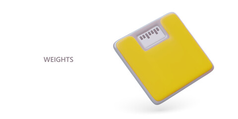Realistic yellow floor scale with display. Electronic device for weighing. Food control, diet. Weight loss course. Vector banner on white background, place for advertising text, offer