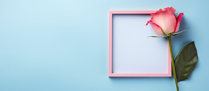 A photo frame with a single pink rose on a soft blue background, representing Valentine's Day, Mother's Day, Women's Day, and spring. is captured from a top-down view with a flat lay style