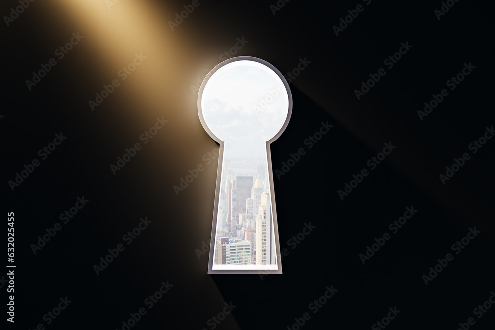 Poster white keyhole opening with city view in black concrete wall. future, way and ambition concept. 3d re