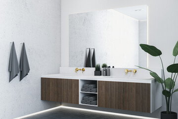Clean dark wooden and concrete bathroom interior with mirror, counter and sink. Hotel and home concept. 3D Rendering.