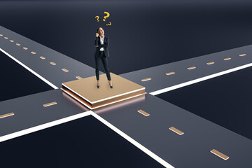 Attractive thoughtful young businesswoman standing at dark crossroads with questions. Solution, choice and direction concept.