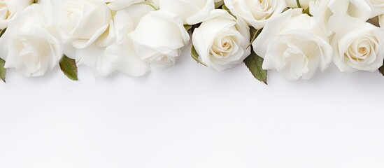 Obraz na płótnie Canvas A banner for a website header design featuring a wedding bouquet of white roses on a white background with a soft focus. copy space available.