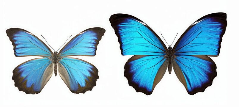 Set two beautiful blue tropical butterflies with wings spread and in flight isolated on white background, close-up macro, Generative AI © Anupam