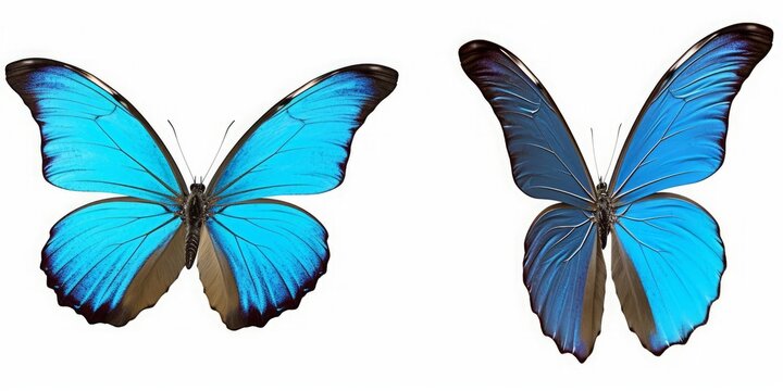 Set two beautiful blue tropical butterflies with wings spread and in flight isolated on white background, close-up macro, Generative AI © Anupam