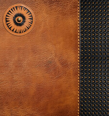 Leather background of brown and black colors with bronze rivets and round label. Decorative backdrop with brown and black color cowhide texture.  Copy space for text
