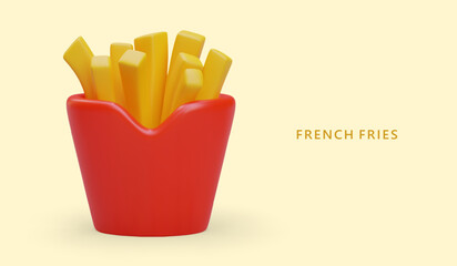 Realistic french fries in red paper packaging. Crispy potato snack. Hot fast food. Delicious street food. Recipe for home cooking. Vector commercial banner