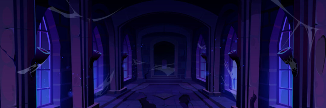 Abandoned castle corridor at night. Vector cartoon illustration of spooky hall in medieval royal palace with broken tiles on floor, dusty cobweb and empty torches on stone walls, scary dark hallway