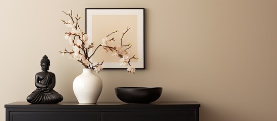 The minimalistic interior design has a stylish composition with a black commode, a vase containing dried flowers, a sculpture, and personal accessories. The beige wall serves as a backdrop for this