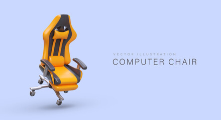 3D orange computer chair. Vector banner with text. Template for furniture stores. Concept on purple background. Ergonomic armchairs with armrests and headrests
