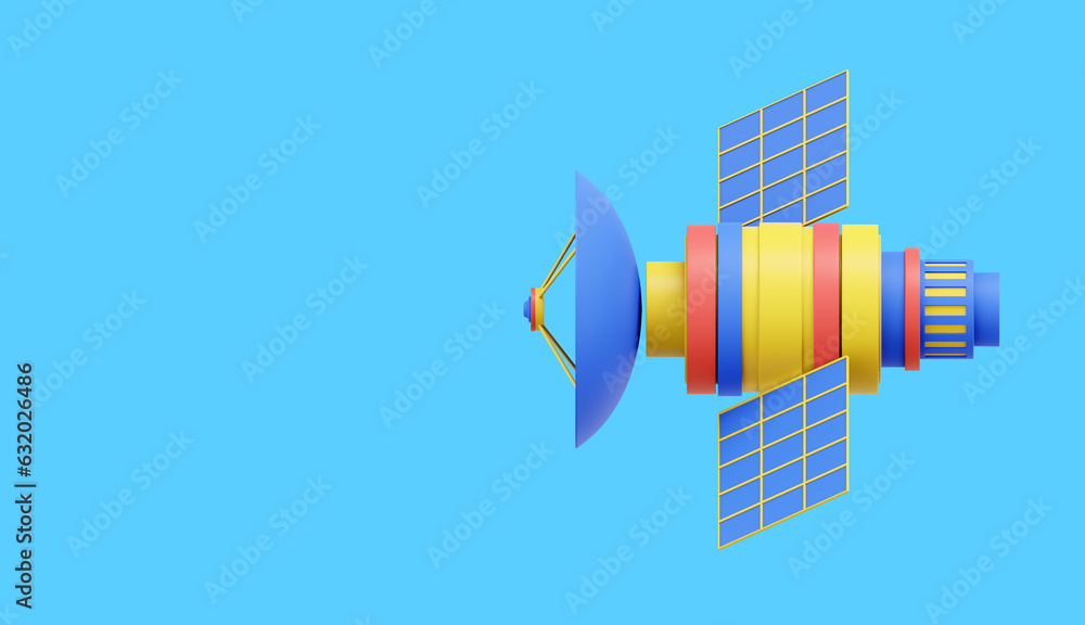 Poster space satellite with an antenna. orbital communication station intelligence, research. 3d rendering.