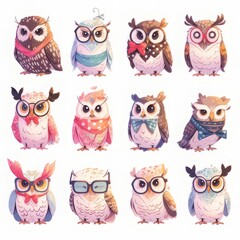 Fototapeta premium photorealistic Set of Owls with Glasses