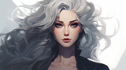 Power woman with grey hair anime style