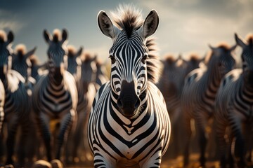 Herd of zebras - Deep in the African plains - AI Generated - obrazy, fototapety, plakaty