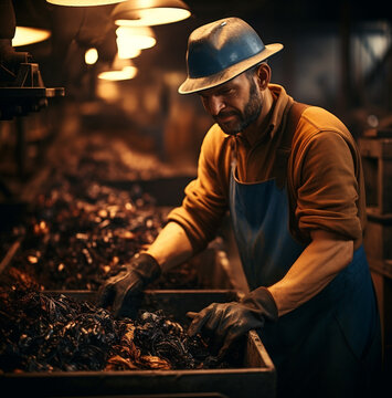 A man with hats and gloves doing work in a recycling factory, nature stock photo