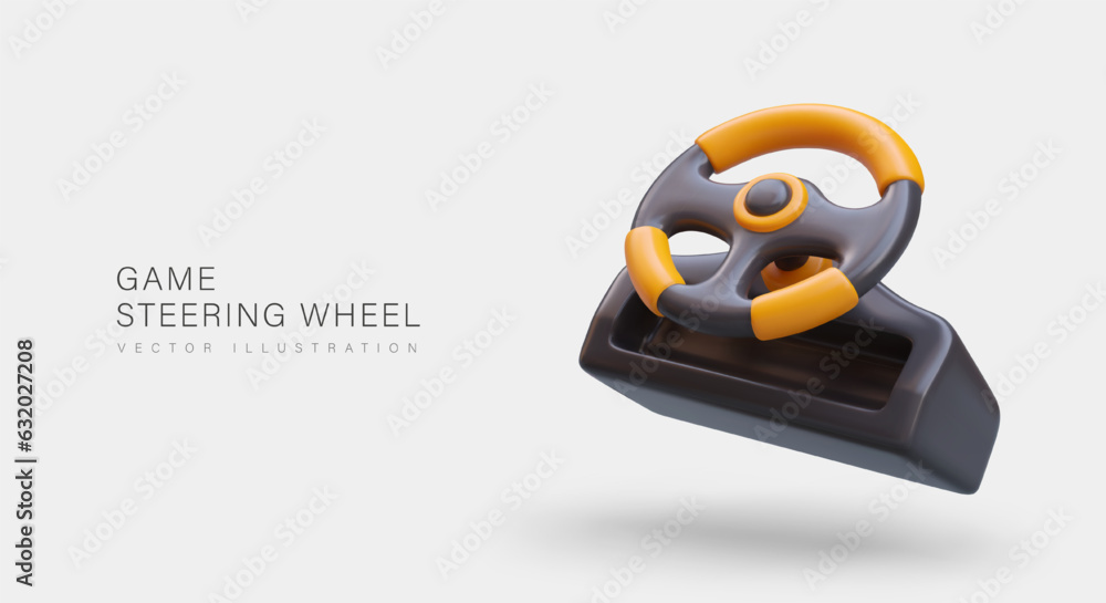 Poster realistic game steering wheel. device for computer racing. driving simulation. concept for computer 